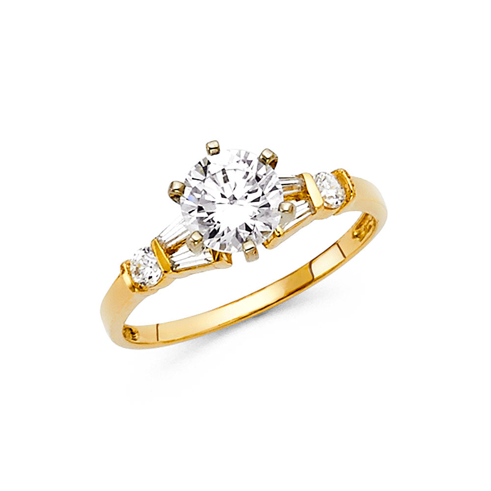 14K Yellow Gold Women’s Solitaire CZ Ring with Baguette & Round CZ Accents