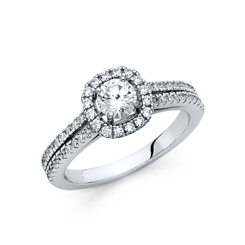 14K White Gold Round Shaped CZ Halo Ring with Split Pave Shank