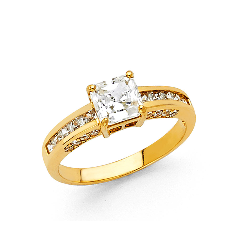 14K Yellow Gold Princess Shaped Solitaire CZ Ring with Channel-Set CZ Accents