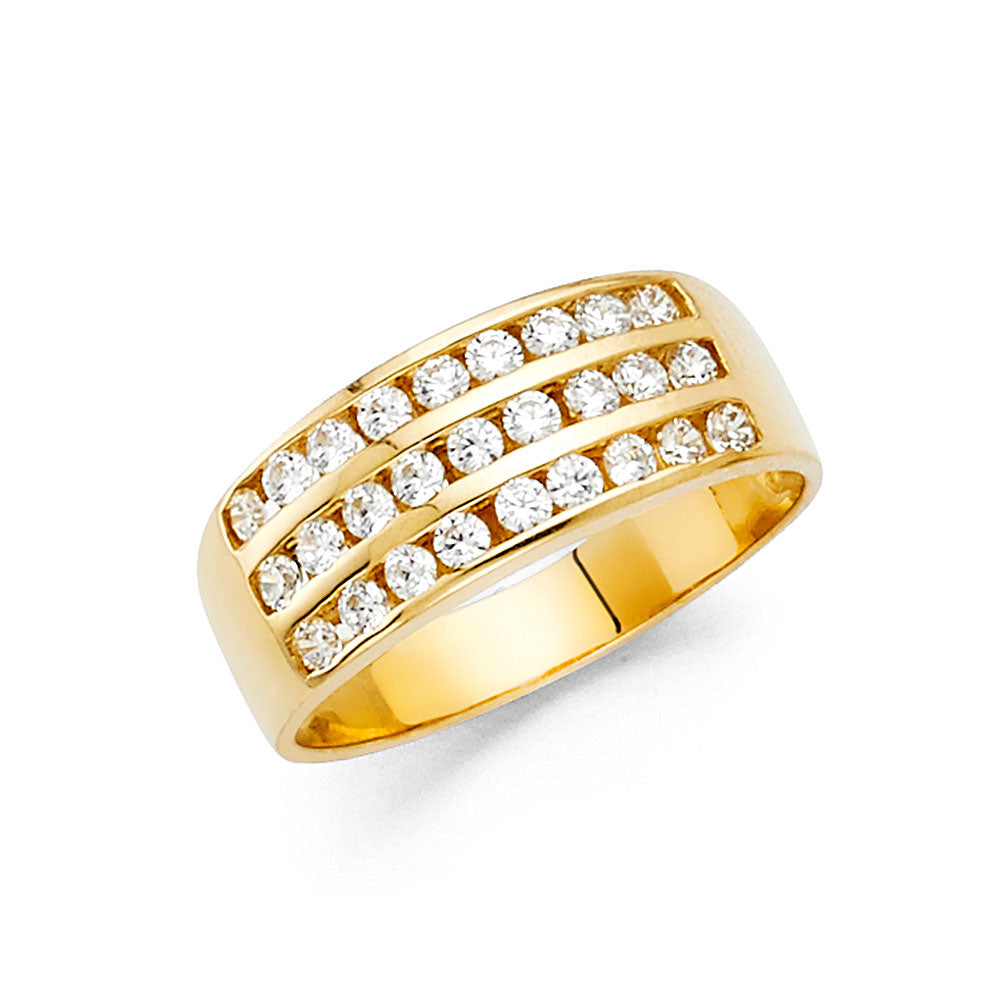 14K Yellow Gold 3-Row Round CZ Wedding Band