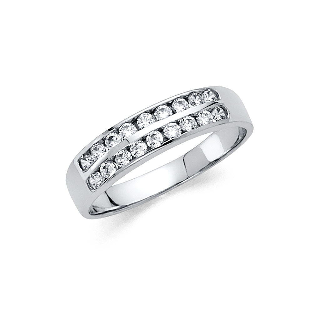14K White Gold 2-Row Round CZ Wedding Band