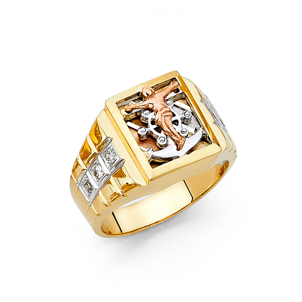 14K Tri-Color Gold Men’s Crucifix Anchor Design Ring with CZ