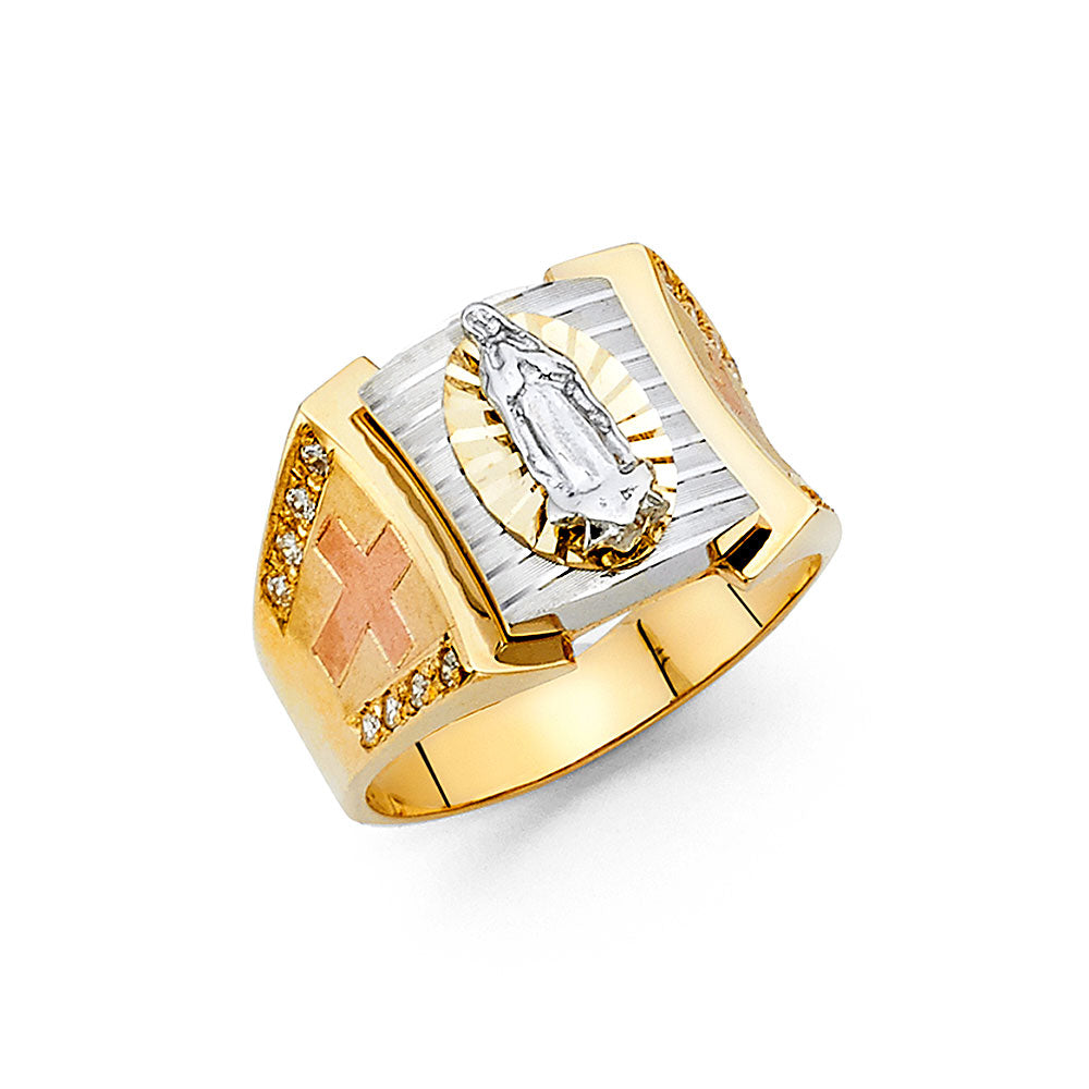 14K Tri-Color Gold Men’s Guadalupe Design Ring with CZ