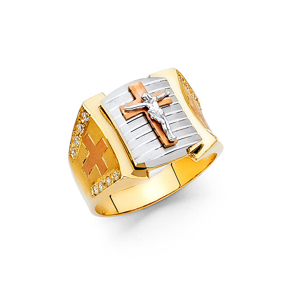 14K Tri-Color Gold Men’s Crucifix Design Ring with CZ Accents