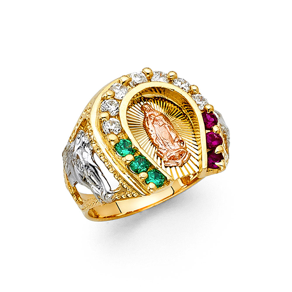 14K Tri-Color Gold Men’s Guadalupe Design Ring with Mexican Flag CZ Stones