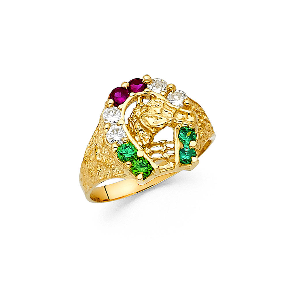 14K Yellow Gold Men’s Horseshoe Design Horse Head Multicolor CZ Ring