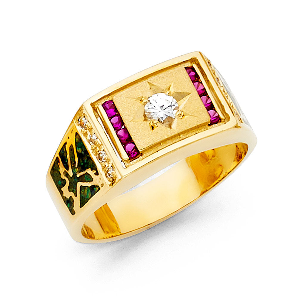 14K Yellow Gold Men’s Ring with Ruby-Colored CZ Accents & Eagle motif