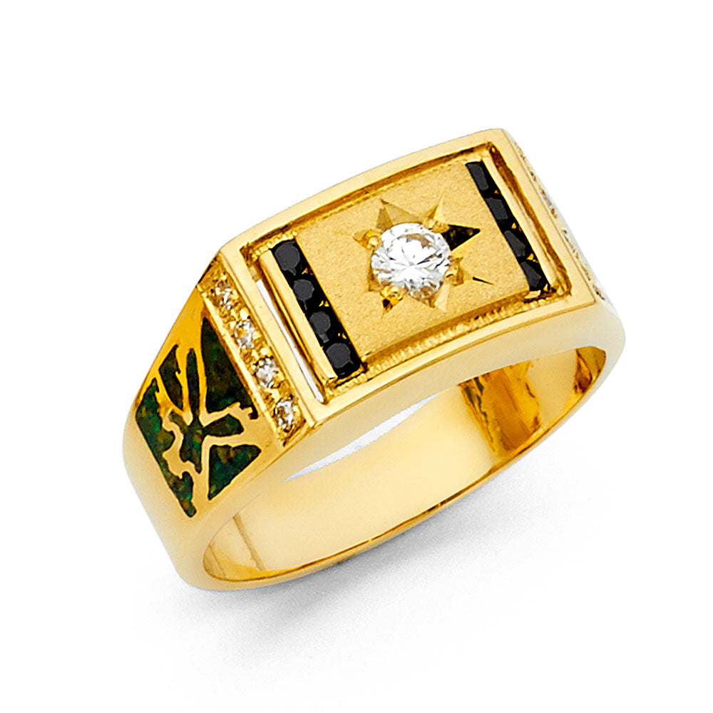 14K Yellow Gold Men’s Ring with Sapphire-Colored CZ Accents & Eagle motif