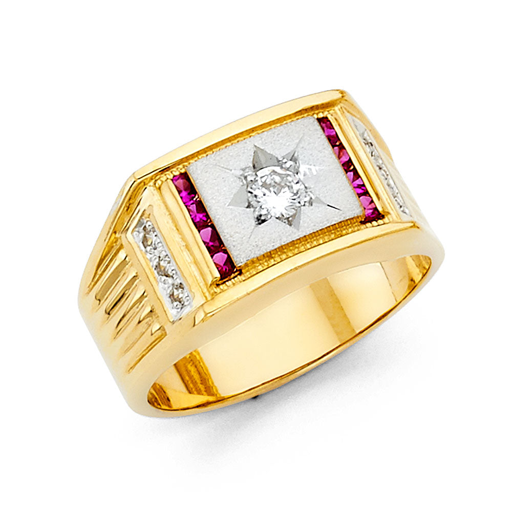 14K Two-Tone Gold Men’s Rectangle Design Ring with Ruby-Colored CZ Accents
