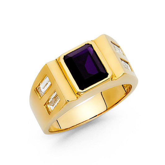 14K Yellow Gold Men's Ring with Synthetic Emerald-Cut Purple Stone and Cubic Zirconia Side Stones