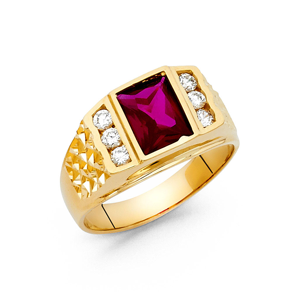 14K Yellow Gold Men’s Square Cut Synthetic Red Ruby CZ Center Stone Ring