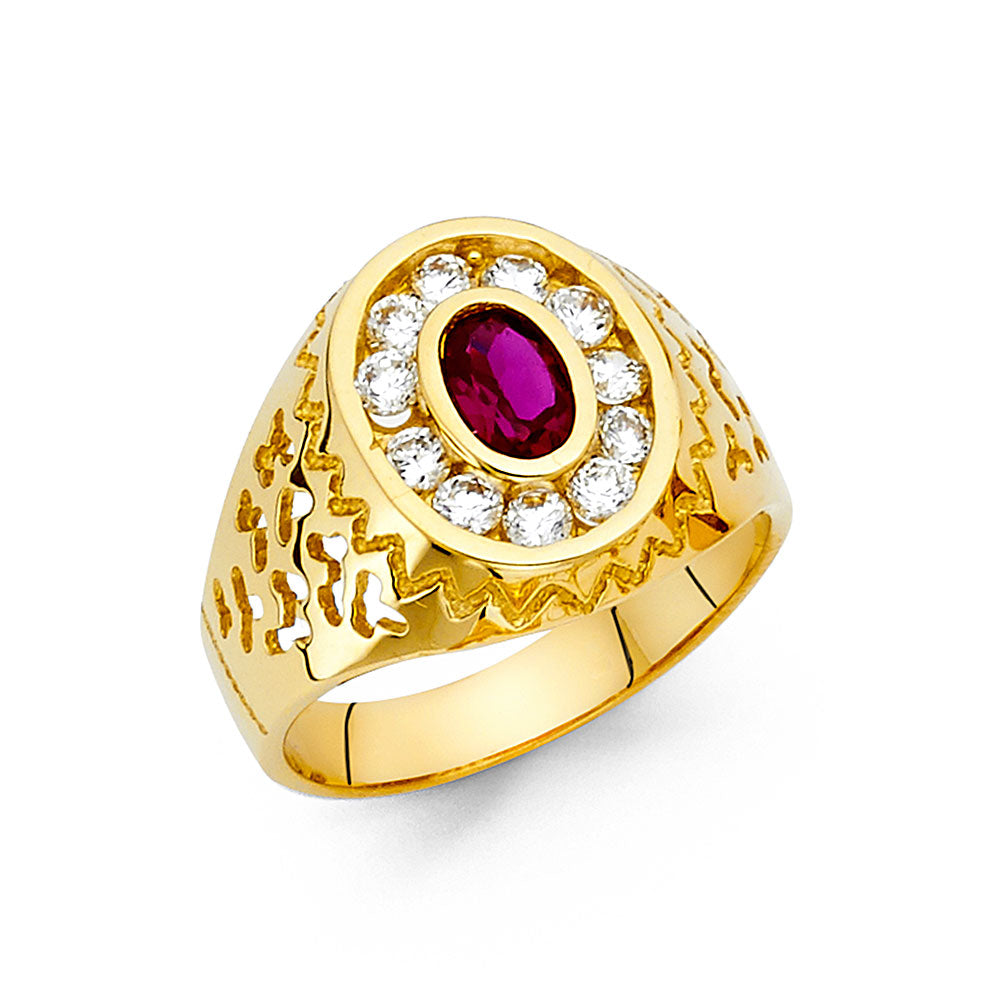 14K Yellow Gold Men's Ring with Synthetic Oval Ruby and Cubic Zirconia