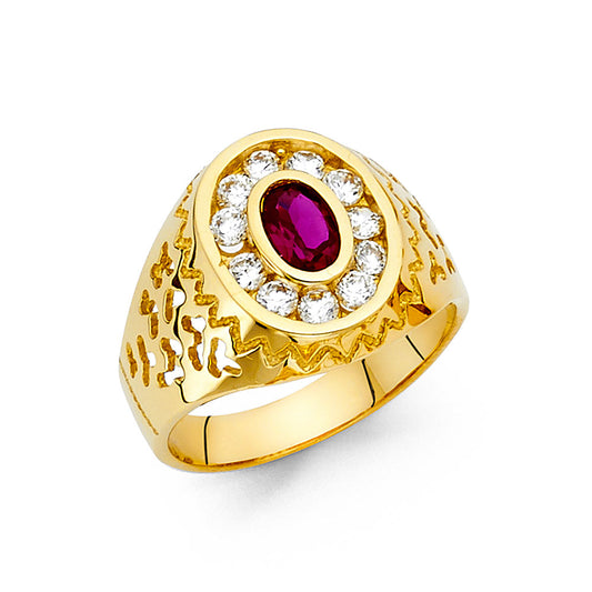 14K Yellow Gold Men's Ring with Synthetic Oval Ruby and Cubic Zirconia