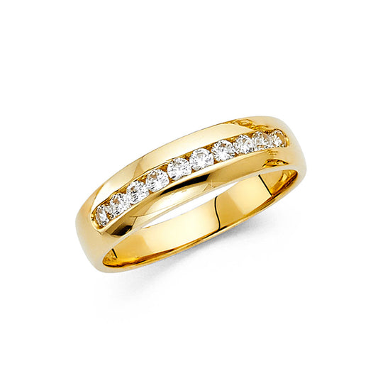 14K Yellow Gold Men's Ring / Men's Wedding Band with Round Cubic Zirconia Center and Channel-Set Cubic Zirconia