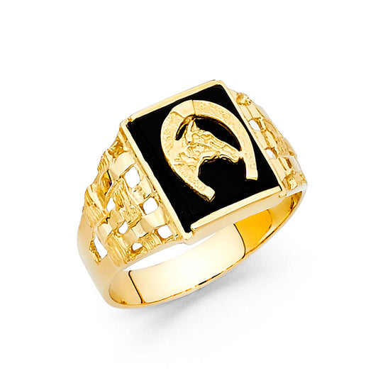 14K Yellow Gold Men’s Onyx Horse and Horseshoe Ring