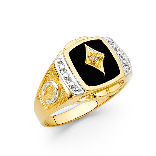 14K Two-Tone Gold Men’s Onyx CZ Ring with Diamond-Shaped Accent