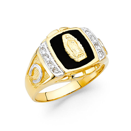 14K Two-Tone Gold Men’s Onyx CZ Ring with Virgen de Guadalupe Design