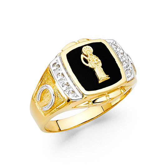 14K Two-Tone Gold Men’s Onyx CZ Ring with Santa Muerte Design