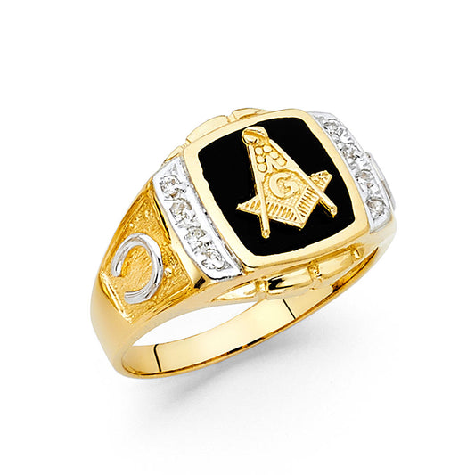 14K Two-Tone Gold Men’s Onyx CZ Ring with Masonic Emblem