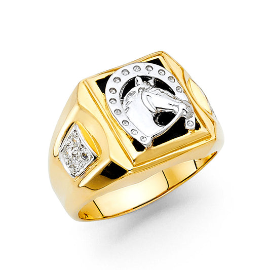 14K Two-Tone Gold Men’s Onyx CZ Ring with Horse and Horseshoe Design