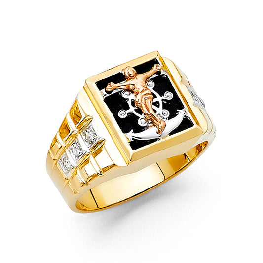 14K Two-Tone Gold Men’s Onyx CZ Crucifix Anchor Ring
