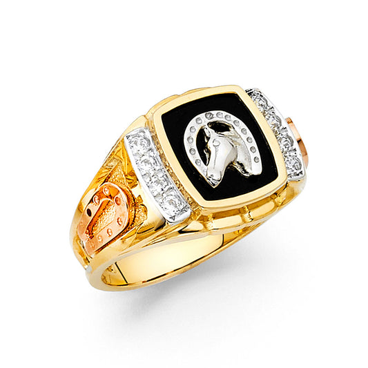 14K Tri-Color Gold Men’s Horse Head Horseshoe Onyx CZ Ring