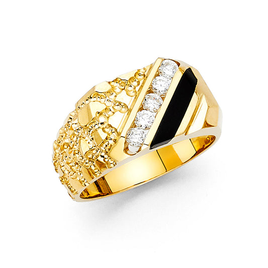 14K Yellow Gold Men’s CZ Onyx Nugget Ring
