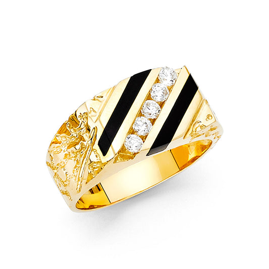 14K Yellow Gold Men’s CZ Onyx Nugget Ring