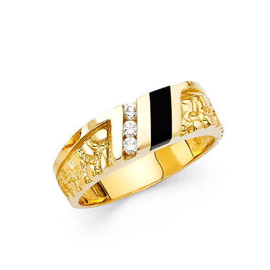 14K Yellow Gold Men’s CZ Onyx Nugget Ring