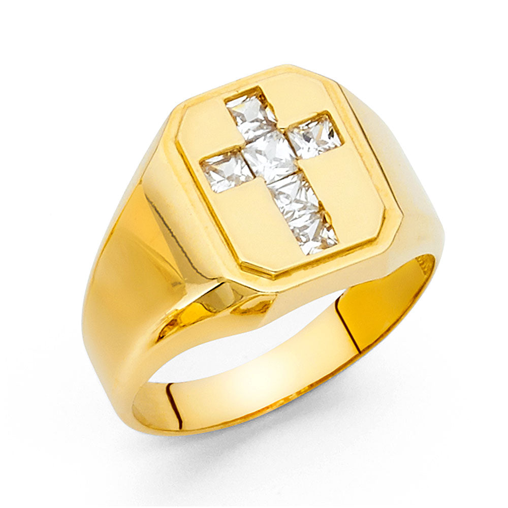 14K Yellow Gold Men's Cross Design CZ Ring