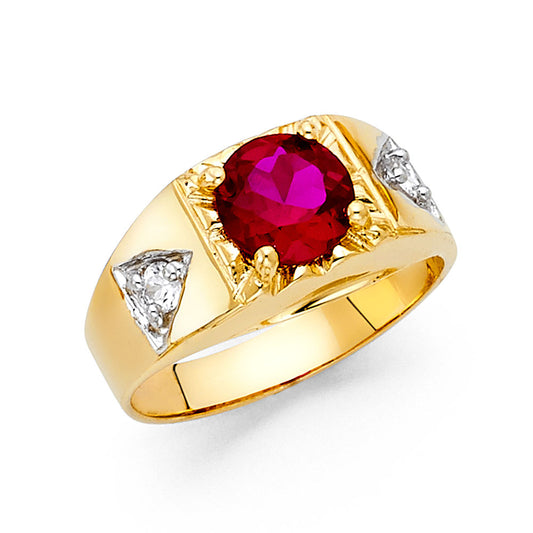 14K Yellow Gold Men's Ring with Synthetic Round-Cut Ruby and Cubic Zirconia Accents