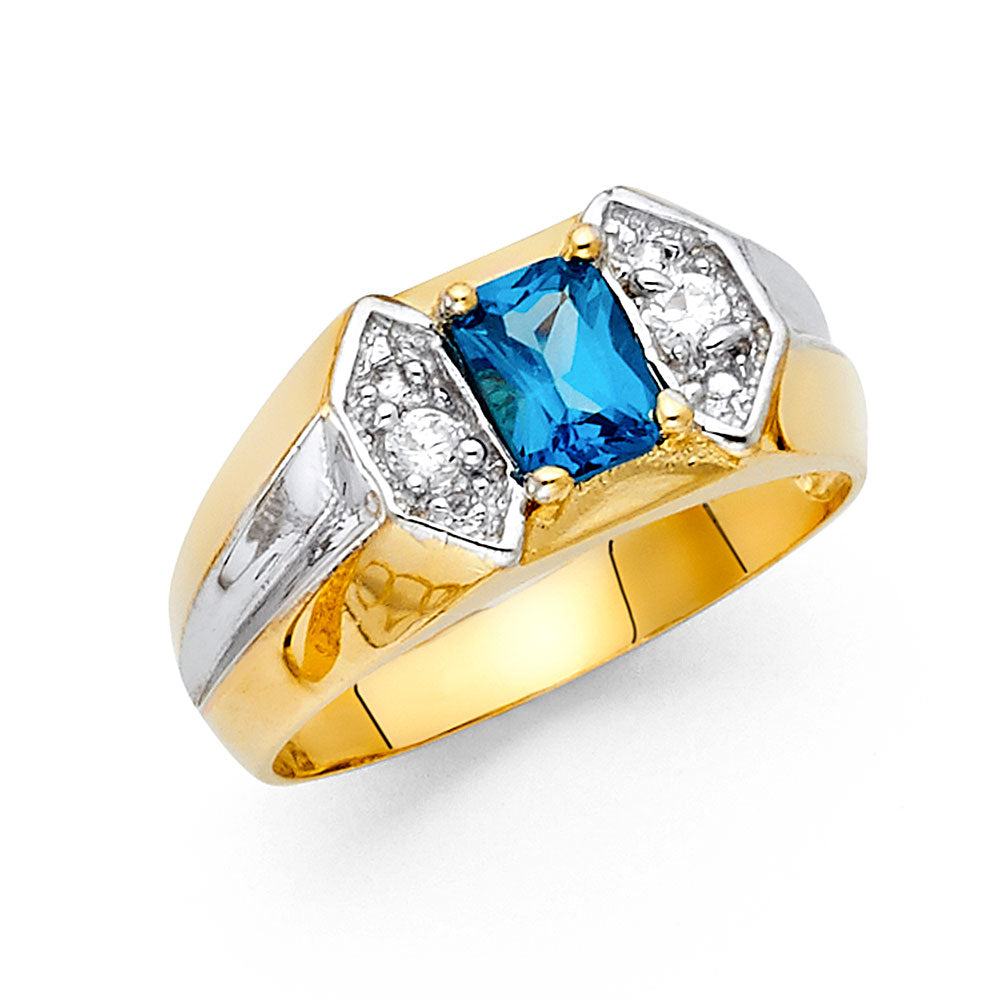 14K Two-Tone Gold Men's Ring with Synthetic Emerald-Cut Blue Stone and Cubic Zirconia Accents