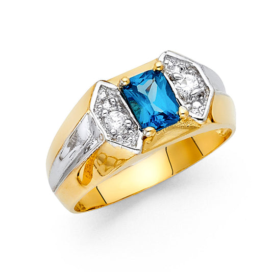 14K Two-Tone Gold Men's Ring with Synthetic Emerald-Cut Blue Stone and Cubic Zirconia Accents