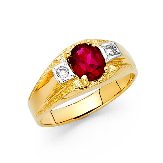 14K Two-Tone Gold Men's Ring with Synthetic Oval Red Stone and Cubic Zirconia Accents
