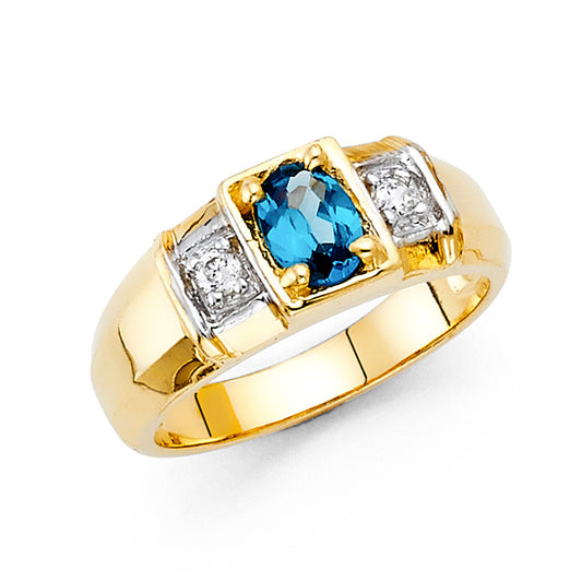 14K Two-Tone Gold Men's Ring with Synthetic Oval Blue Stone and Cubic Zirconia Accents