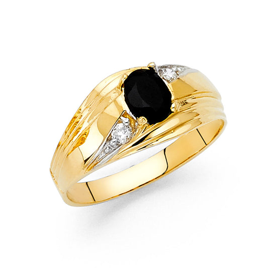 14K Yellow Gold Men's Ring with Synthetic Oval Black Onyx and Cubic Zirconia Accents