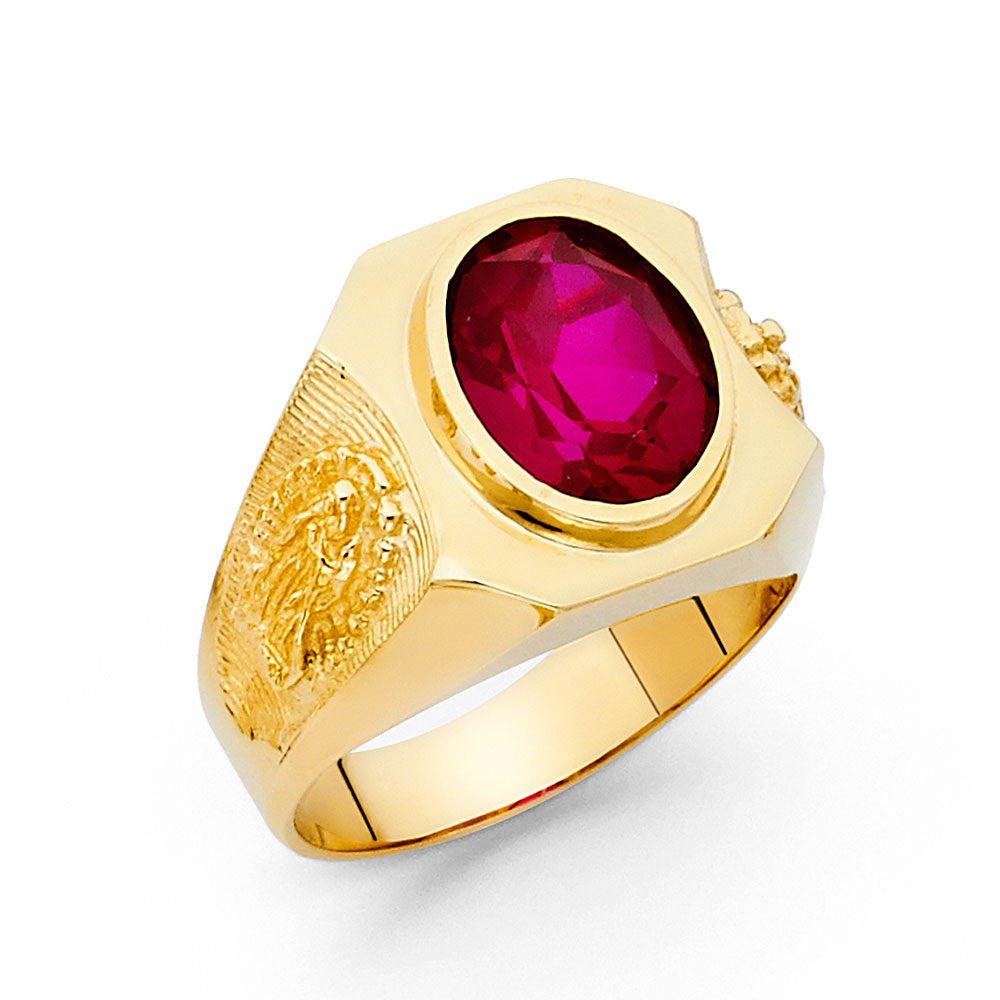 14K Yellow Gold Men’s Oval Cut Synthetic Red Ruby CZ Center Ring
