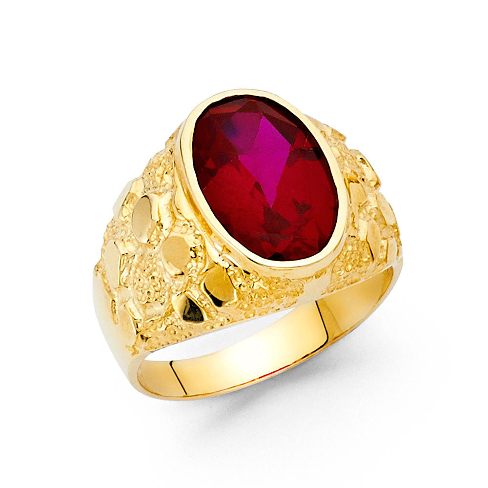 14K Yellow Gold Men’s Oval Cut Synthetic Red Ruby CZ Nugget Design Ring