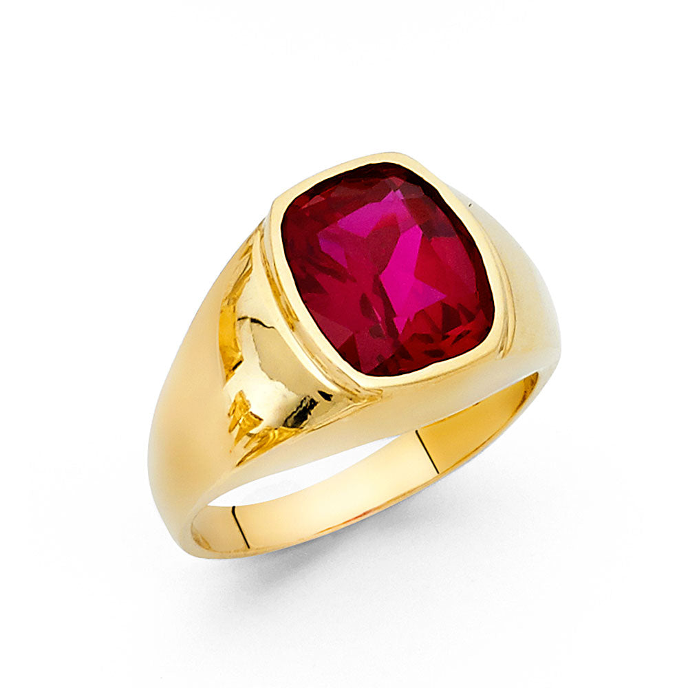 14K Yellow Gold Men’s Cushion Cut Synthetic Red Ruby CZ Signet Ring