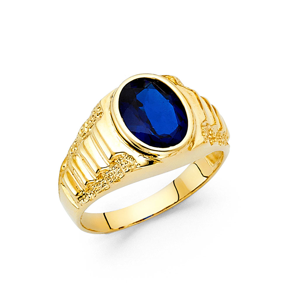 14K Yellow Gold Men’s Oval Cut Synthetic Sapphire Blue CZ Ring