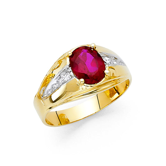 14K Yellow Gold Men’s Ring with Synthetic Oval-Cut Ruby Stone and Cubic Zirconia Accents