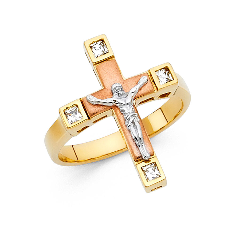 14K Tri-Color Gold Crucifix CZ Ring