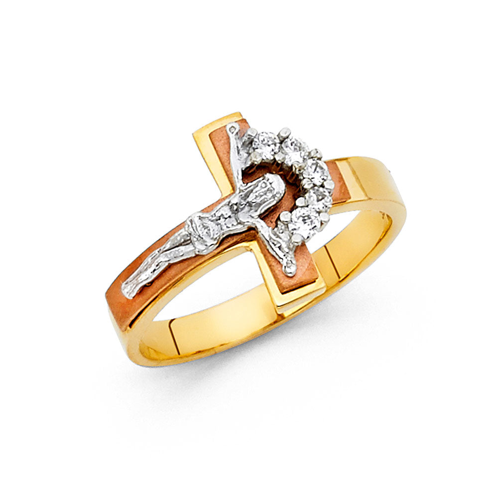 14K Tri-Color Gold Crucifix Halo CZ Ring