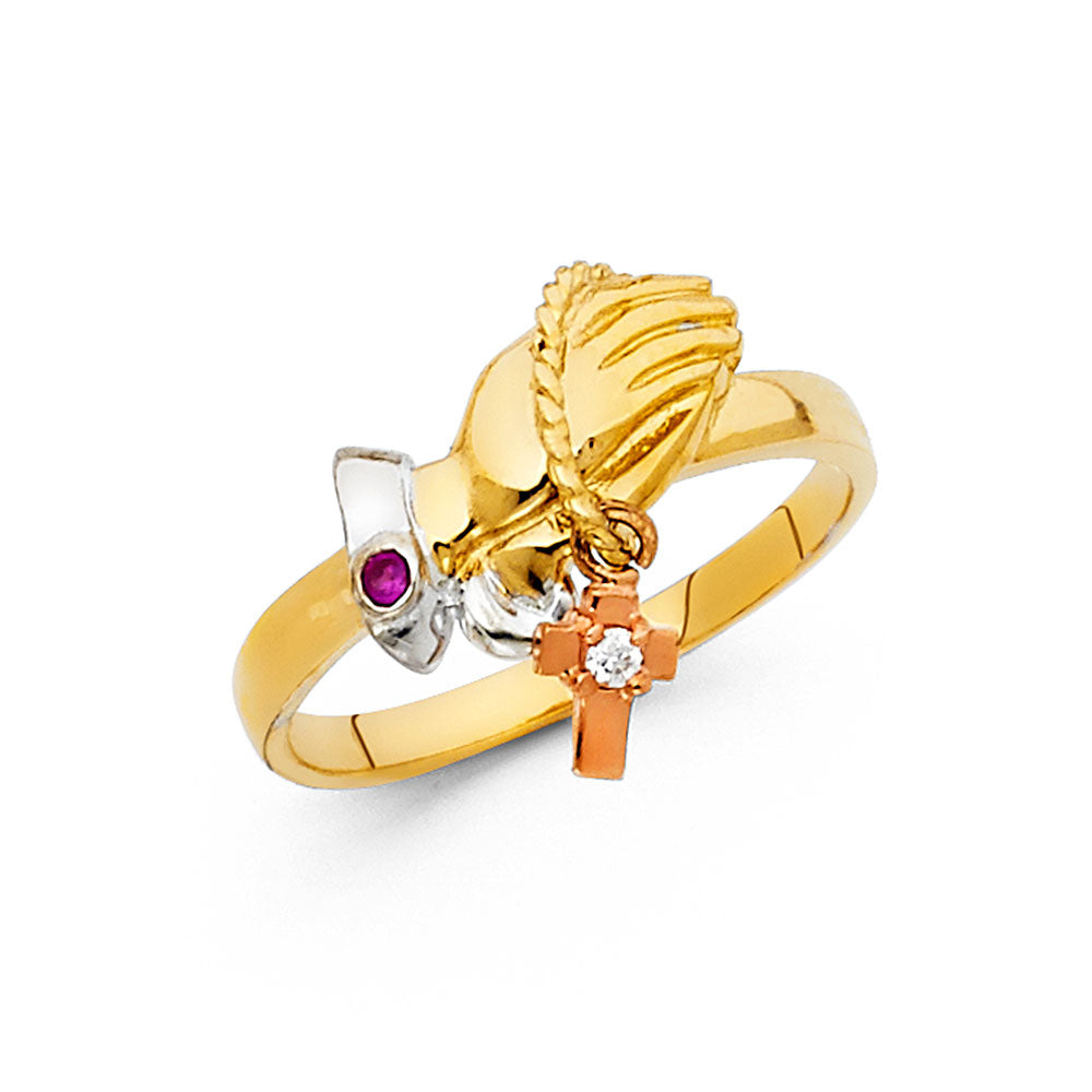 14K Tri-Color Gold Claddagh & Cross Design Ring with Synthetic Red Ruby CZ