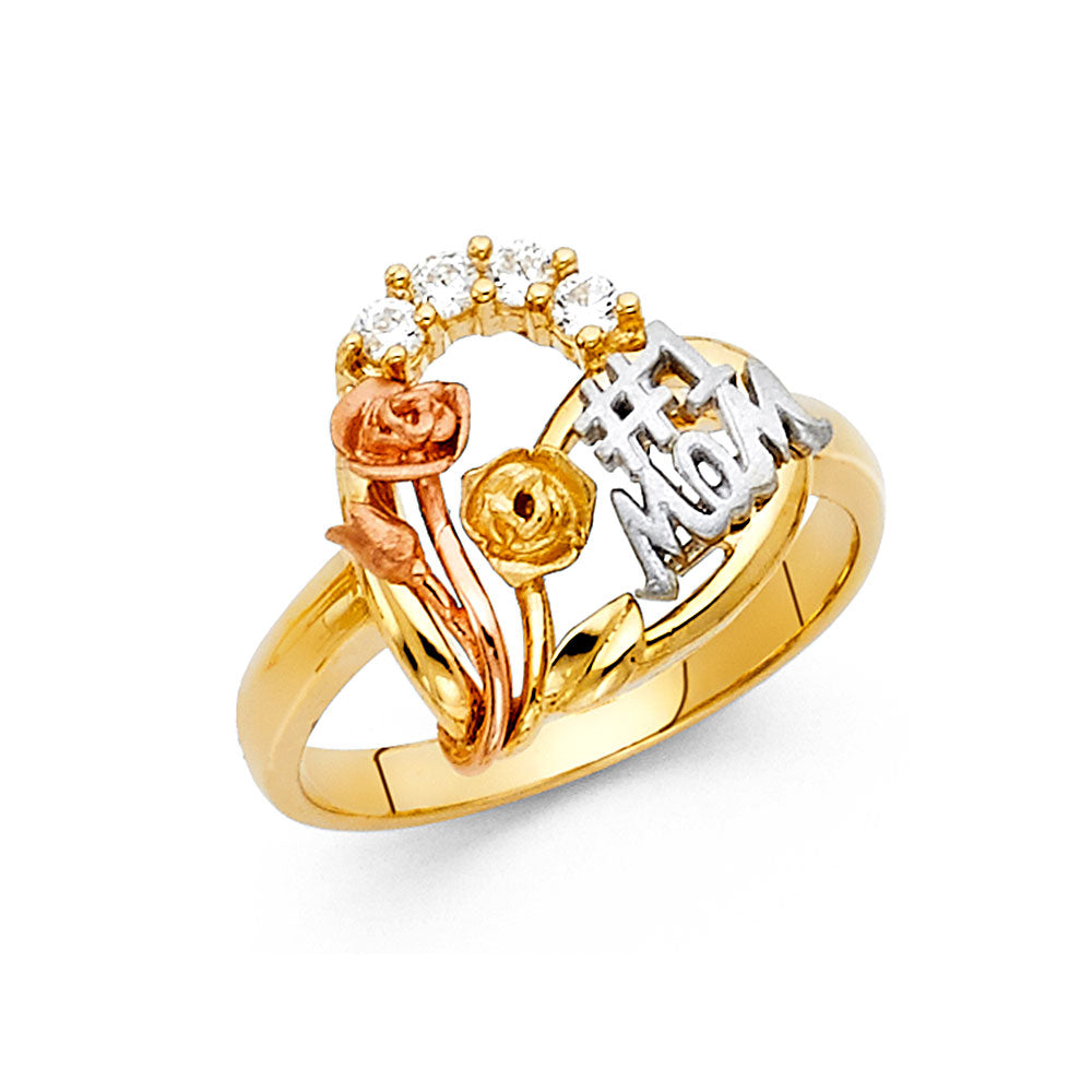 14K Tri-Color Gold Women’s Heart & Floral “#1 Mom” CZ Ring