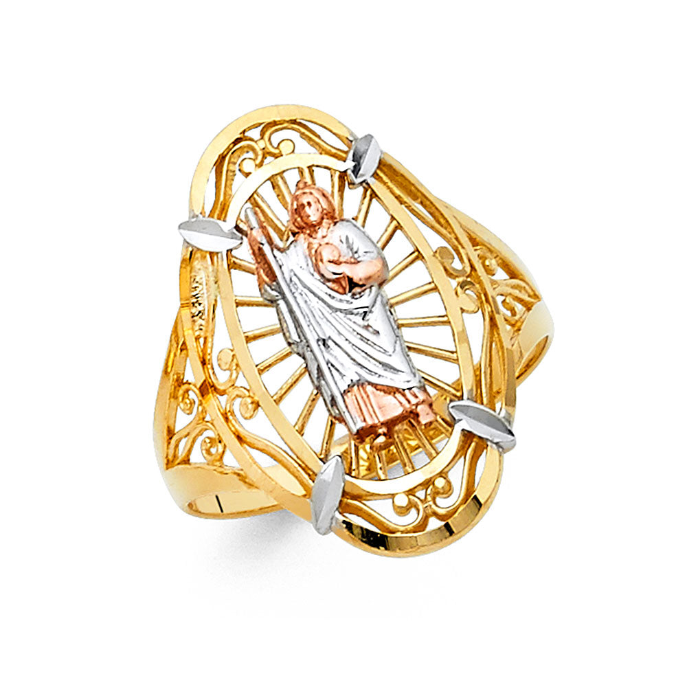 14K Tri-Color Gold Women’s San Judas Filigree Oval Halo Design Ring