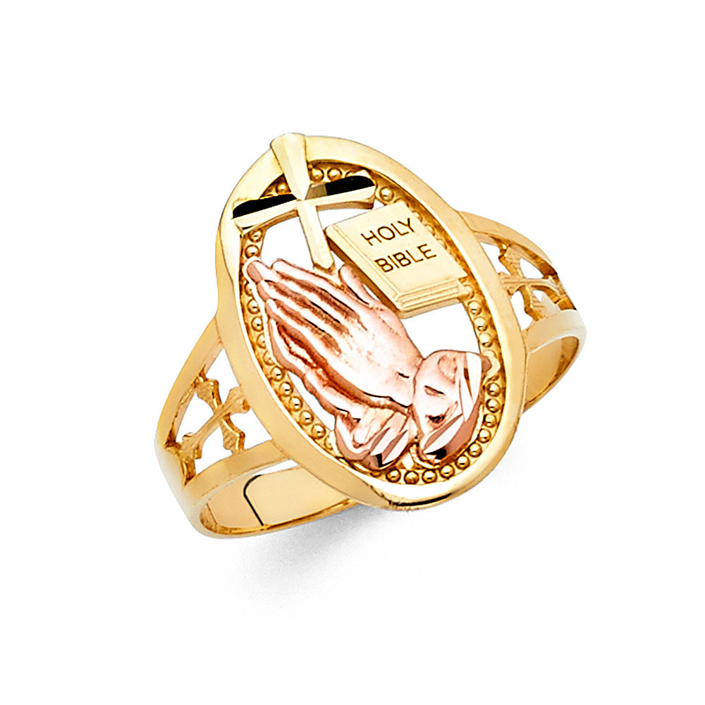 14K Tri-Color Gold Praying Hands Holy Bible Oval Ring
