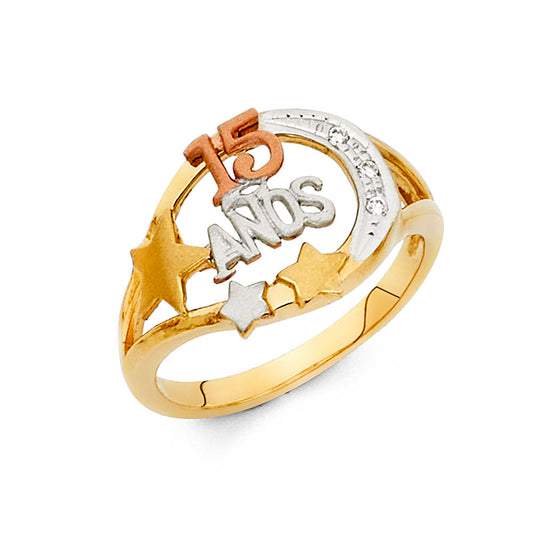 14K Tri-Color Quinceañera Ring with Stars, Moon, and CZ Accents