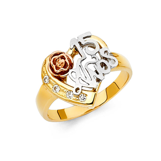 14K Tri-Color Quinceañera "15 Años" CZ Ring with Rose Accent