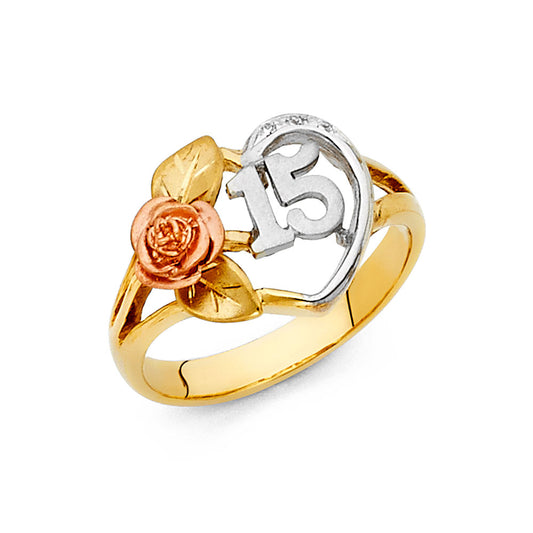 14K Tri-Color CZ Quinceañera Ring with Rose Flower and Number 15 Design
